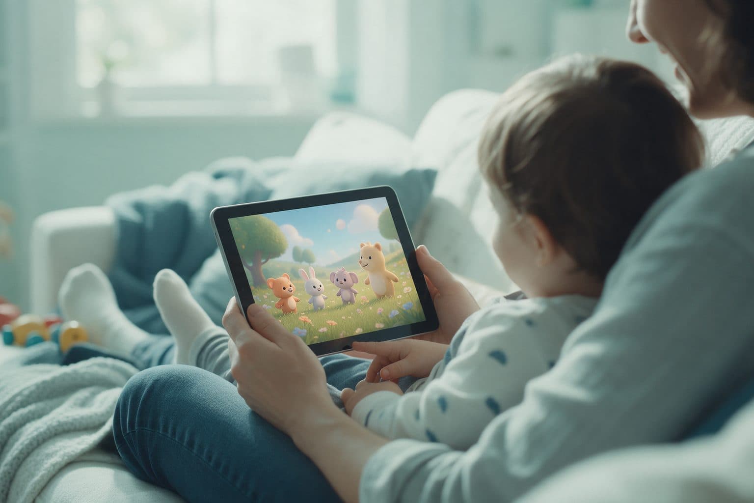 A parent and child watching a cartoon on a tablet