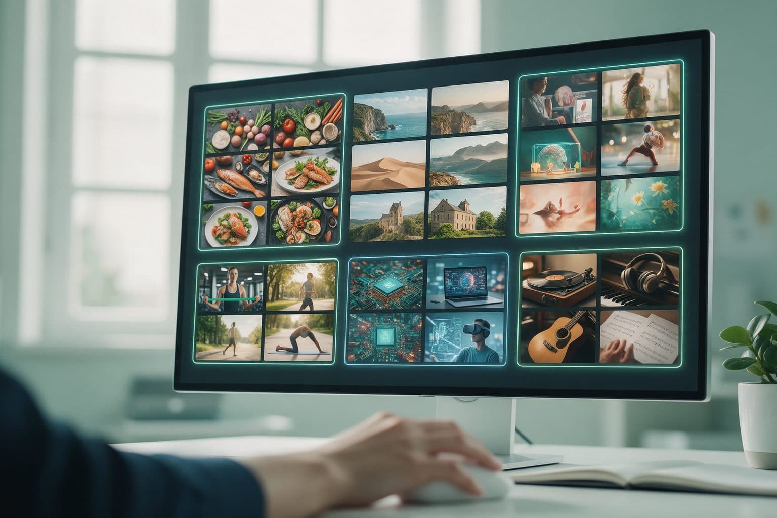 A monitor showing video thumbnails grouped into curated clusters