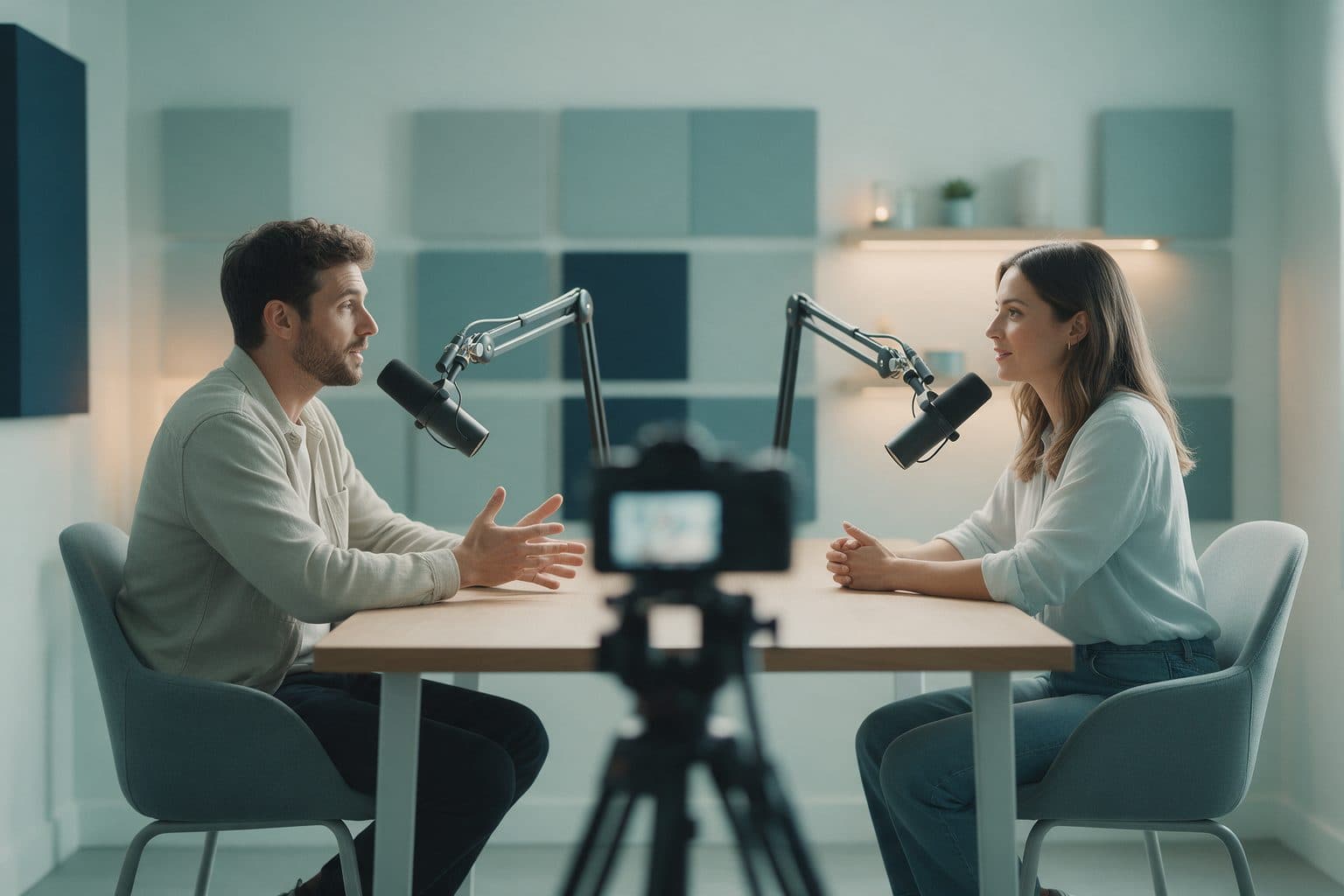 Two hosts recording a video podcast in a studio