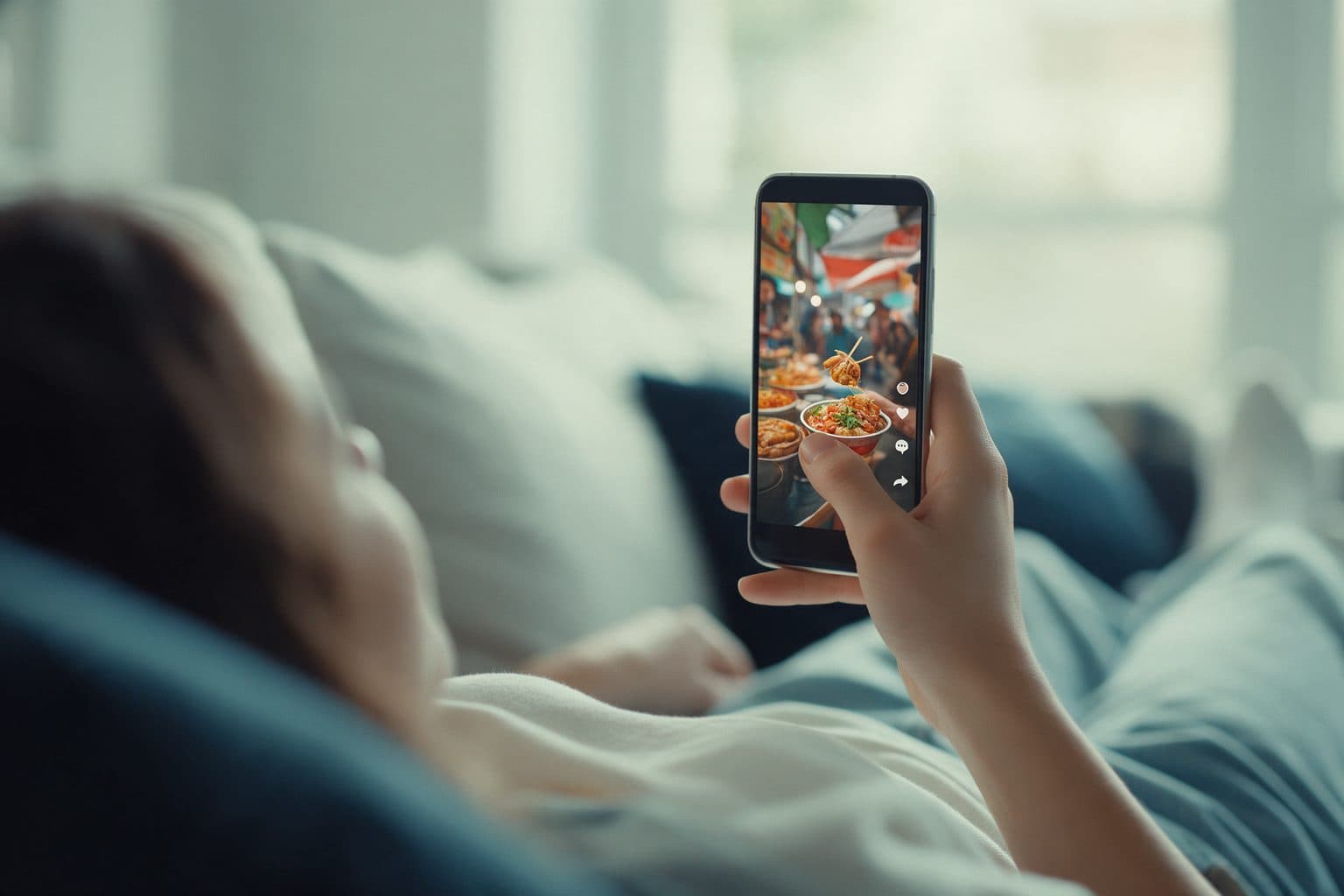 A person on a sofa scrolling a short vertical video on a phone