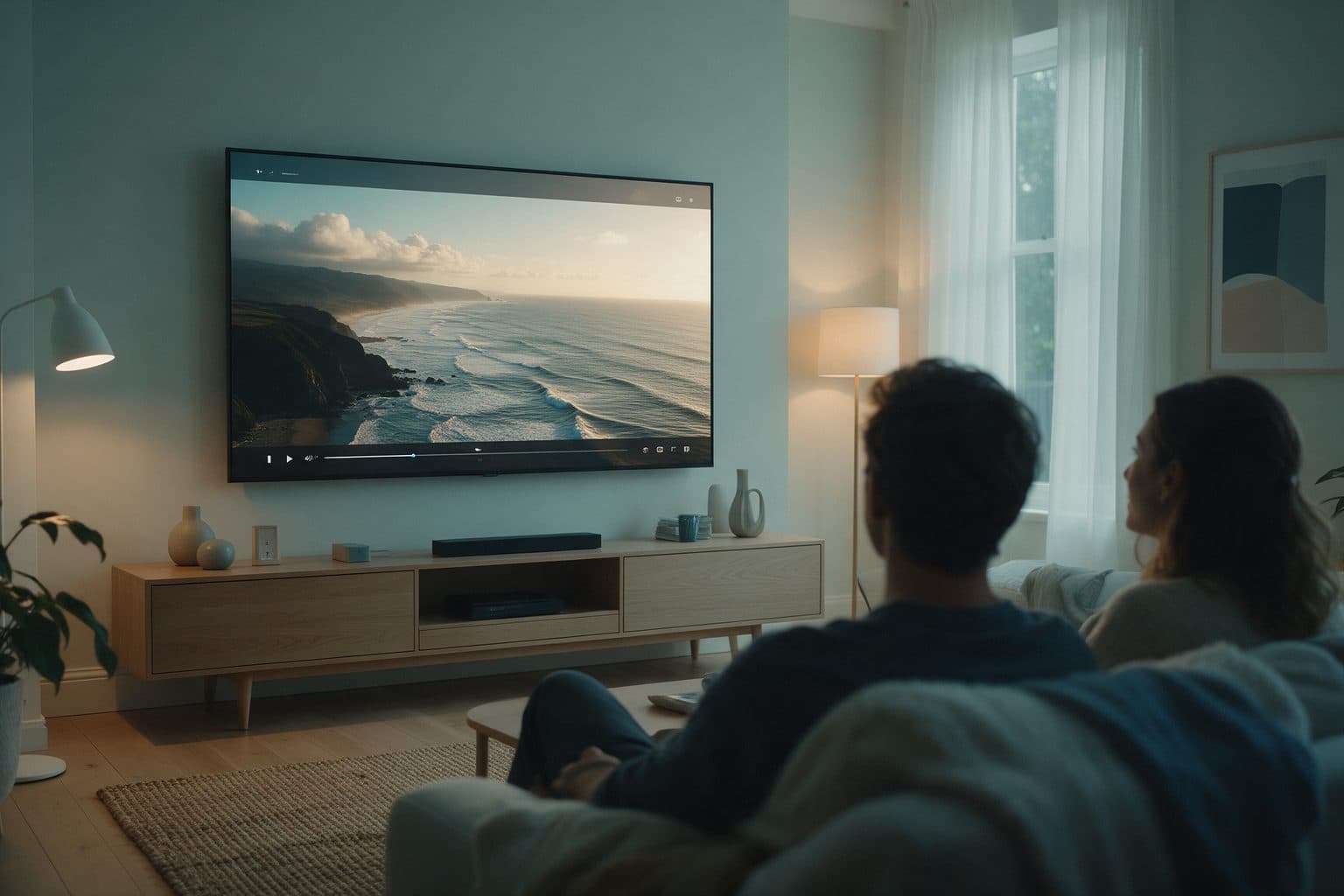 Two people watching a cinematic coastline video on a large TV