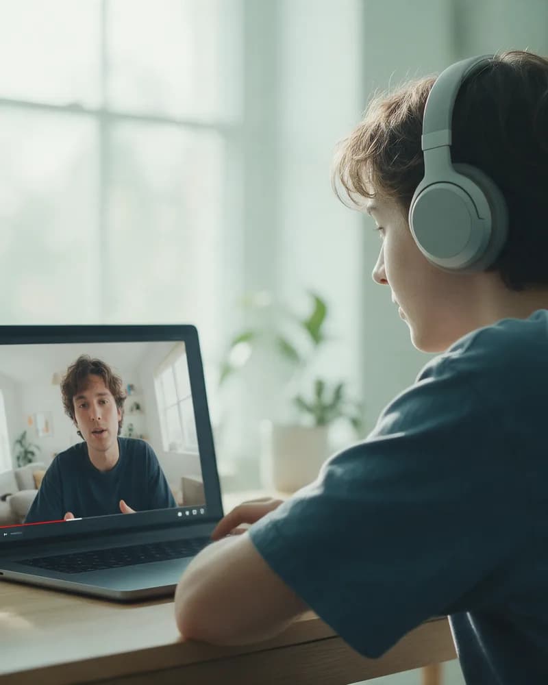 Teenager in headphones watching a YouTube video on a laptop at a sunlit desk