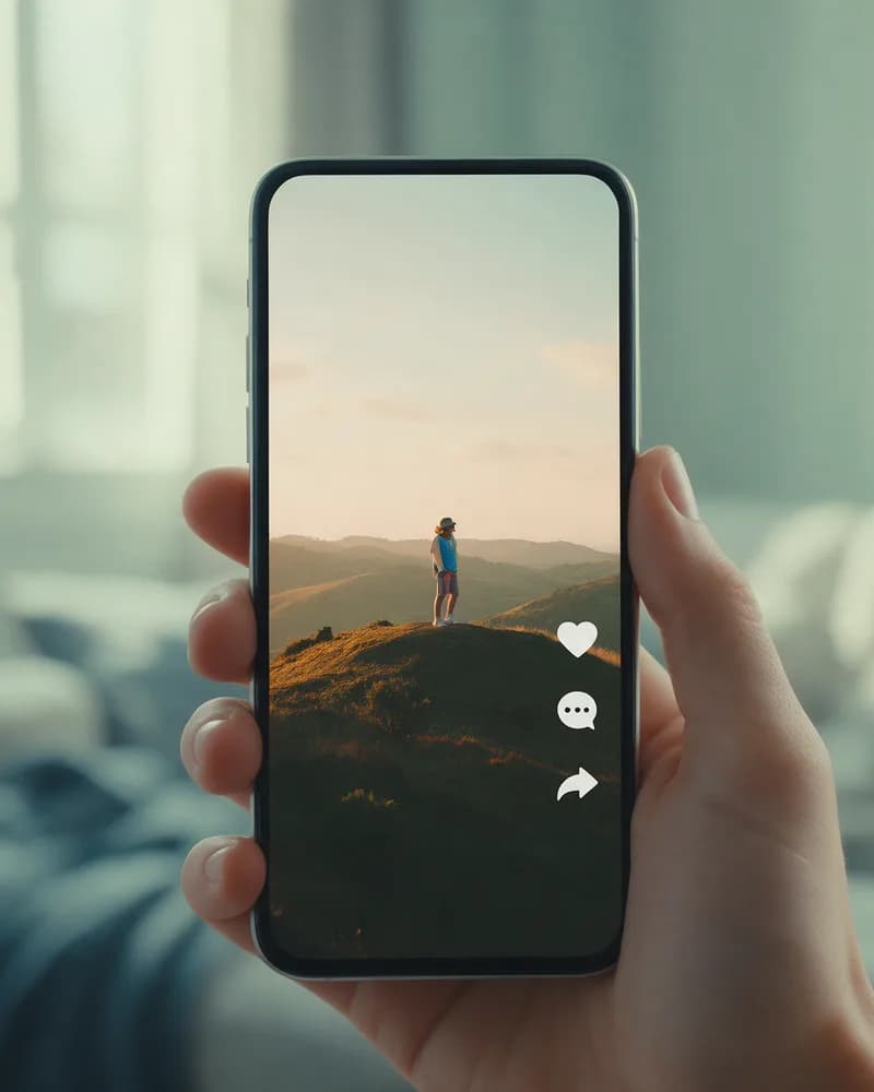 Hand holding a phone playing a YouTube Short, with like, comment and share icons