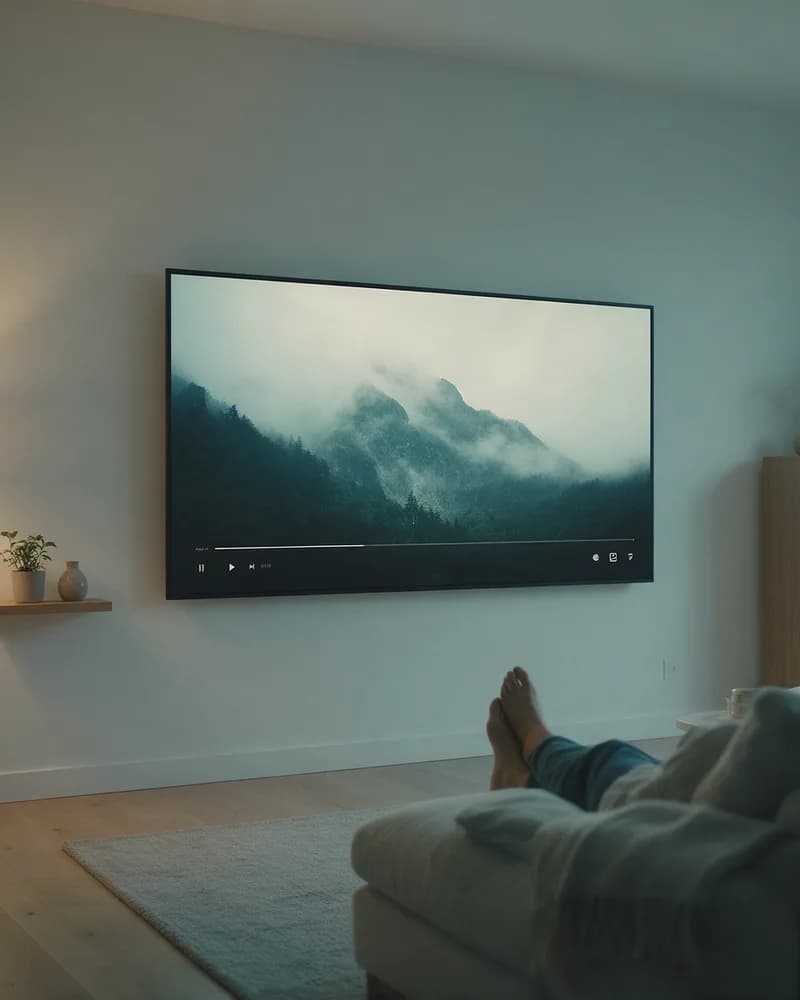 Person on a sofa watching long-form YouTube content on a wall-mounted television